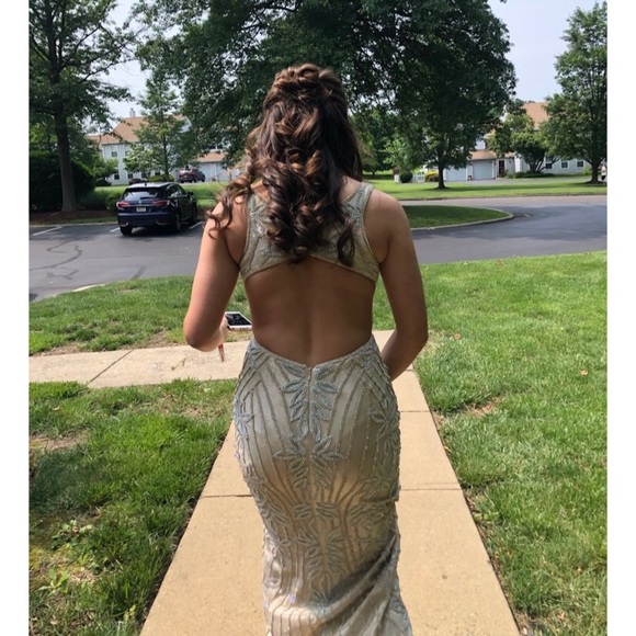 Jovani Champagne Open Back Embellished Prom Dress - Picture 2 of 6